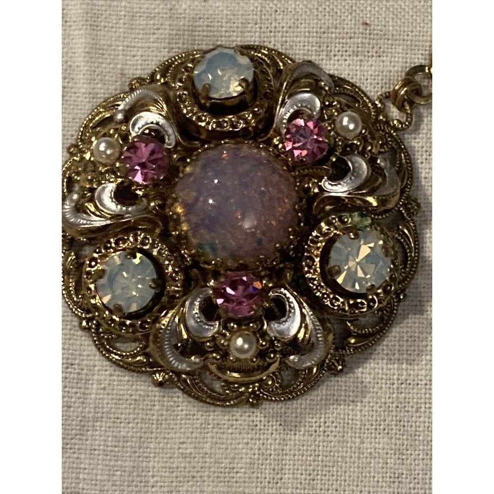 Vintage West Germany Glassfoiled Opal‎ Necklace Moonstone Rhinestones Filigree